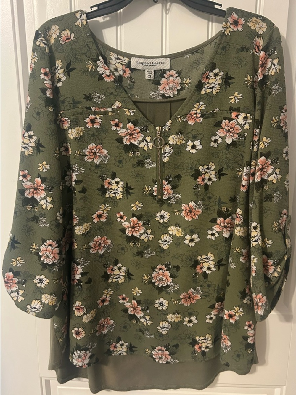 Tempted Hearts Olive Floral Zip-Front Tunic with Pink & Cream Blossoms